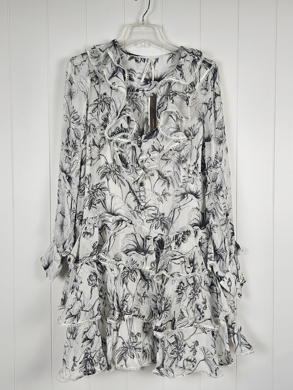 Anthropologie Mini Dress Betsy Long Sleeve Tiered White Ruffle Floral Womens S